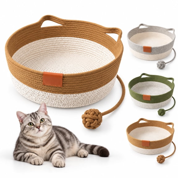 Handwoven Cotton Rope Cat Bed Basket Foldable Cat Scratcher Basket with Ear Handles Attached Toy Ball Woven Nest for Indoor Home Resting Kneading