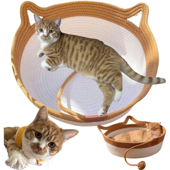 Handwoven Cotton Rope Cat Bed with Playing Rope Ball,Foldable Round Pet Basket for Cats-Chemical-Free Cat Territory,Boho Enrichment Bed,Eliminates Bed Rejection,Scratchable Breathable Weave Large