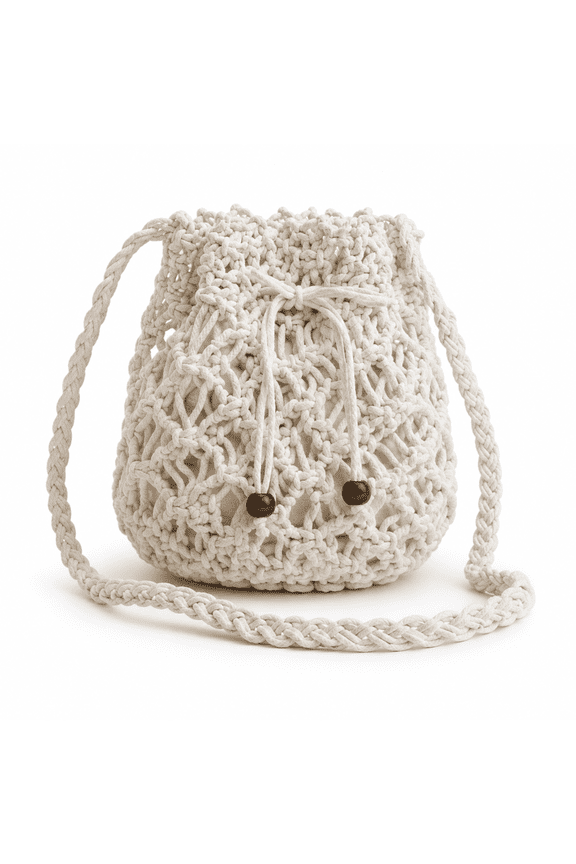 Handwoven Cotton Rope Crochet Mini Crossbody Bucket Bag, Hollow Out Mesh Straw Style Beach Purse with Drawstring Closure for Women's Vacation and Everyday Wear