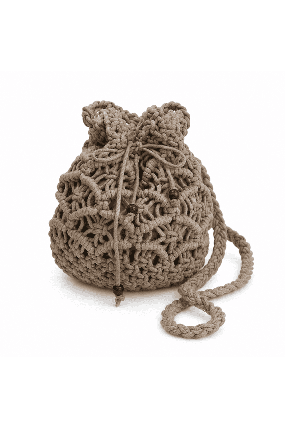 Handwoven Cotton Rope Crochet Mini Crossbody Bucket Bag, Hollow Out Mesh Straw Style Beach Purse with Drawstring Closure for Women's Vacation and Everyday Wear