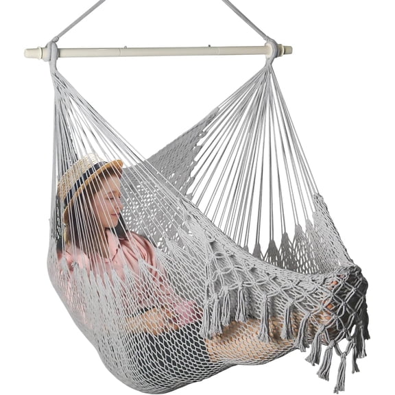 Handwoven Cotton Rope Hammock Chair with Metal Spreader Bar, Boho Hanging Chair for Bedroom, Indoor and Outdoor Swing Chair with Tassels