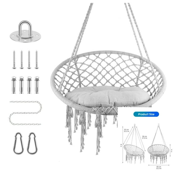 Handwoven Cotton Rope Hammock Cradle Chair,Hanging Chair with Soft Cushion and Mounting Hardware,330 Pounds Capacity Swing Chair for Bedroom,Living Room,Yard,Garden,Balcony,Indoor/Outdoor,Grey