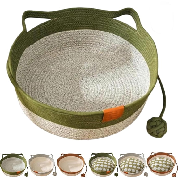 Handwoven Cotton Rope Pet Bed, Foldable Round Breathable Pet Basket with Interactive Toy Ball, Scratchable Rest Sleeping Nest for Cats, Kittens and Small Pets