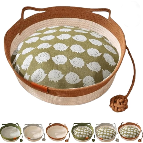 Handwoven Cotton Rope Pet Bed, Foldable Round Breathable Pet Basket with Interactive Toy Ball, Scratchable Rest Sleeping Nest for Cats, Kittens and Small Pets