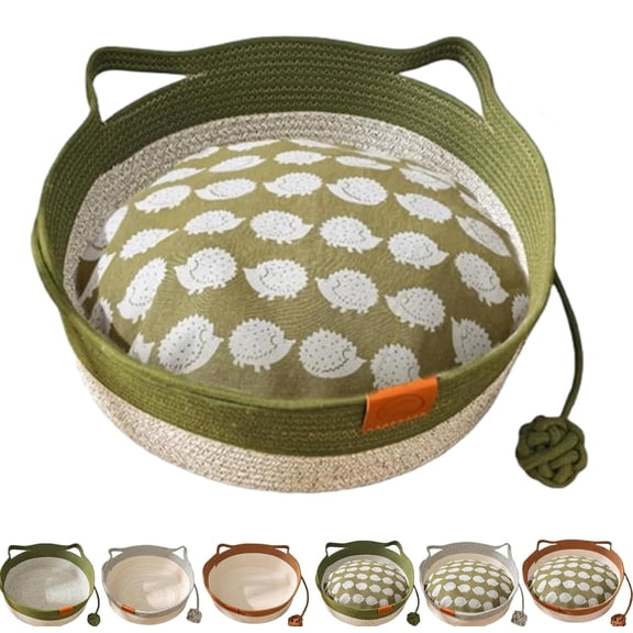 Handwoven Cotton Rope Pet Bed, Foldable Round Breathable Pet Basket with Interactive Toy Ball, Scratchable Rest Sleeping Nest for Cats, Kittens and Small Pets