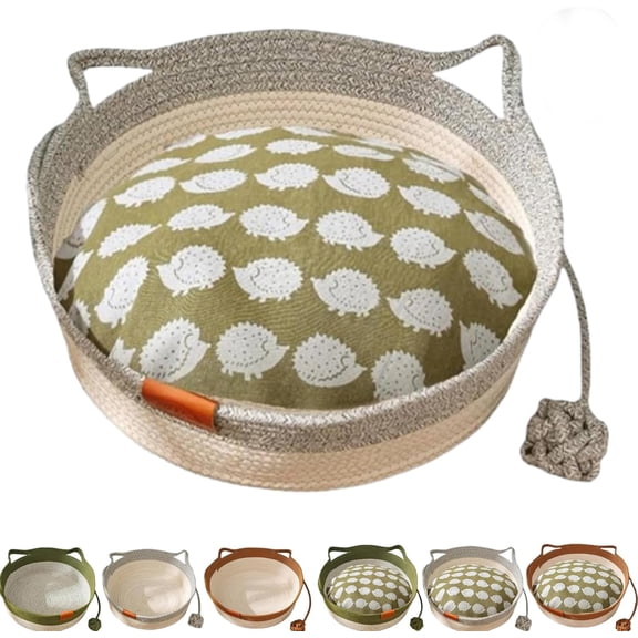 Handwoven Cotton Rope Pet Bed, Foldable Round Breathable Pet Basket with Interactive Toy Ball, Scratchable Rest Sleeping Nest for Cats, Kittens and Small Pets