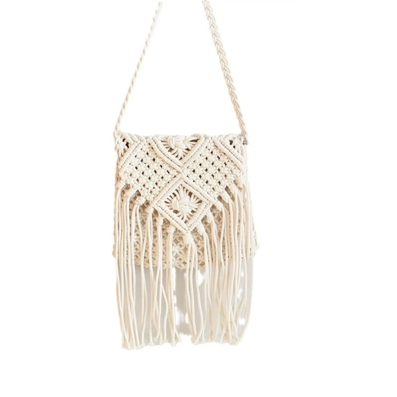 Handwoven Cotton Straw Shoulder Bag Crochet Tassel Beach Bohemian Purse for Women Mini Bag white