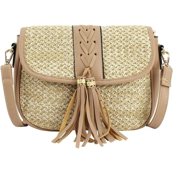 Handwoven Cotton Straw Shoulder Bag Crochet Tassel Beach Bohemian Purse for Women