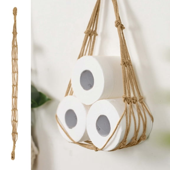 Handwoven Cotton Toilet Paper Holder, Boho Bathroom Tissue Net Pocket with Hanging Loop for RV & Home