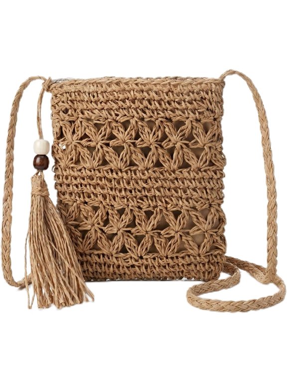 Handwoven Crochet Bag for Women Summer, Boho Woven Macrame Tote Shoulder Purse with Tassels, Vacation Beach Casual Travel Handbag