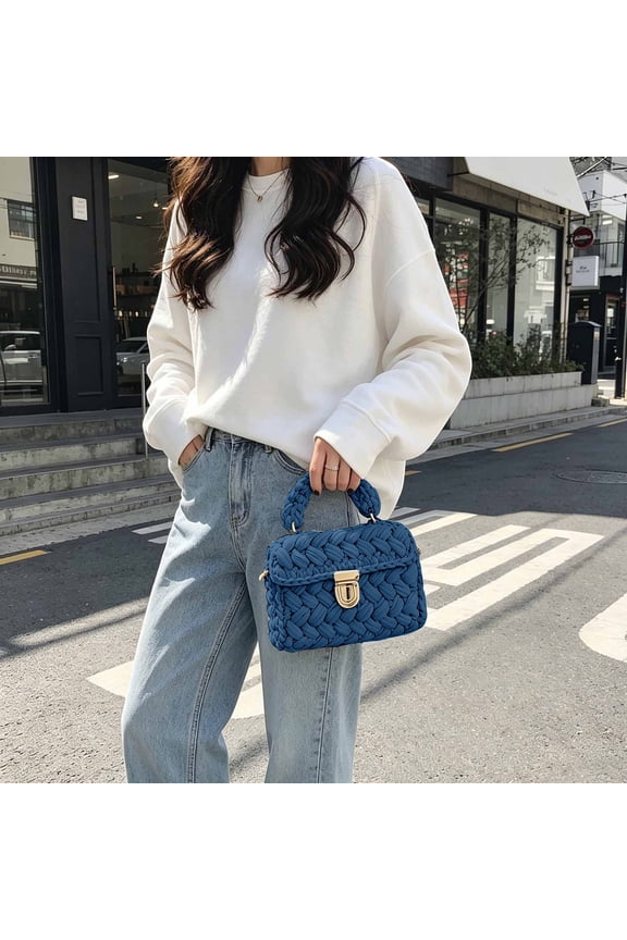 Handwoven Crochet Tote Bag, Summer Bags 2026 Trendy, Yarn Knit Tote Purse Crossbody Bags Flap Shoulder Bag for Mom Gift(Blue)