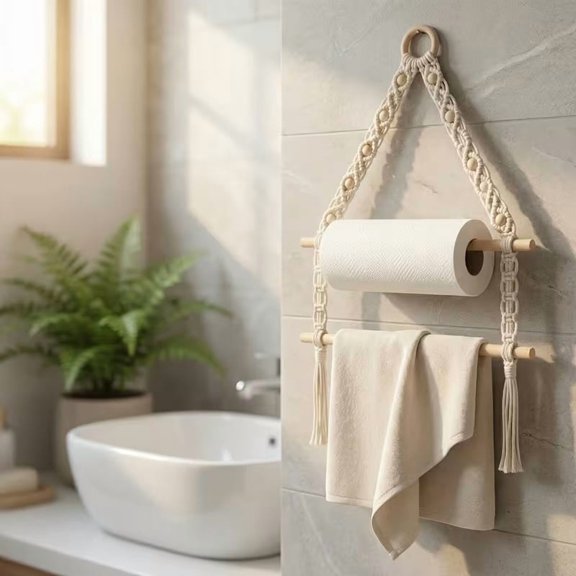 Handwoven Double-Layer Wall Mounted Towel Rack and Tissue Holder for Bathroom Storage Natural Fiber Shelf for Towels, Tissues, Toiletries & Essentials