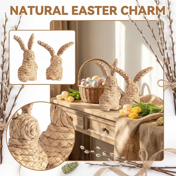 Handwoven Easter Bunny Figurine, 9.45in Natural Grass Woven Rabbit Ornament, Rustic Spring Desktop Decor, Easter Party Centerpiece, Home Shelf Decoration