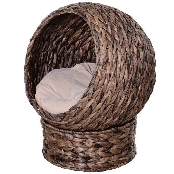 Handwoven Elevated Cat Bed with Rotating Egg Shape for Indoor Cats, Grey Rattan Cat Basket with Soft Cushion, Raised Wicker Cat Bed for Small Cats Under 11 lbs
