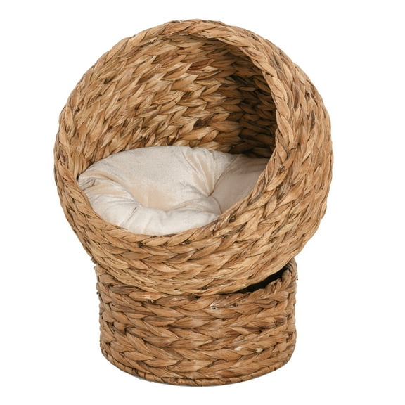 Handwoven Elevated Cat Bed with Soft Cushion & Cat Egg Chair Shape, Cat Basket Bed Kitty House with Stand, Raised Wicker Cat Bed for Indoor Cats, 23.5" H, Brown Brown + Rattan