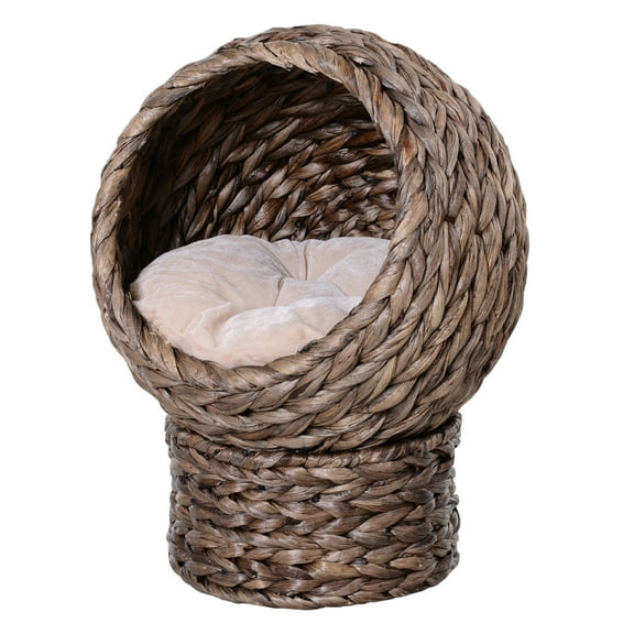 Handwoven Elevated Cat Bed with Soft Cushion & Cat Egg Chair Shape, Cat Basket Bed Kitty House with Stand, Raised Wicker Cat Bed for Indoor Cats, 23.5" H, Gray