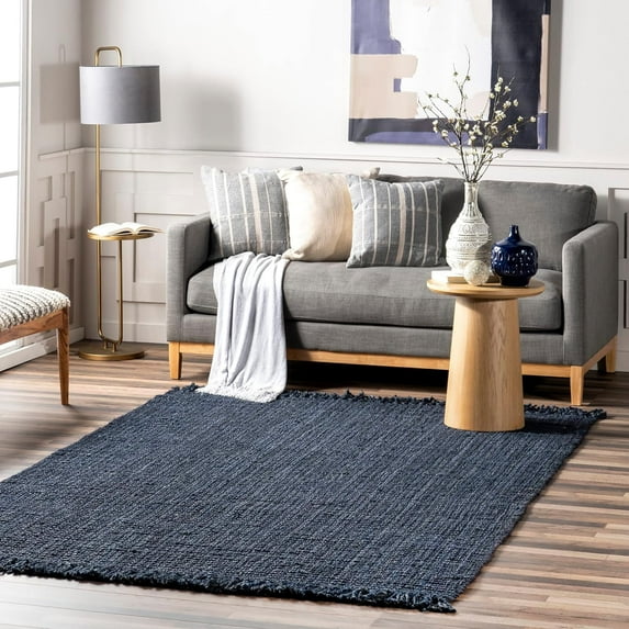 Handwoven Farmhouse Natural Navy Blue Jute Area Rugs ,Home Décor Chunky Loom Rugs Size 4 x 9 Feet ( 120 cm x 270 cm )