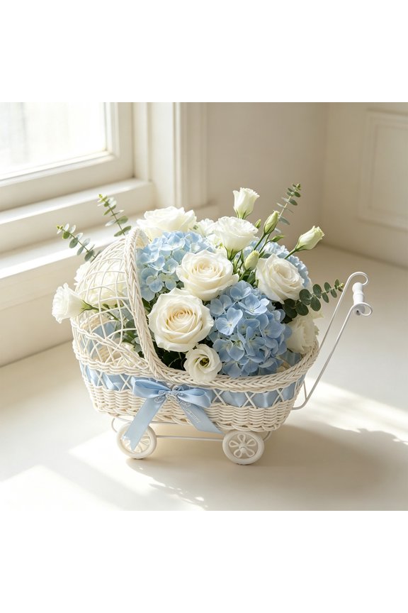 Handwoven Faux Rattan Pram Shaped Flower Basket with Wheels and Handle, Multi Functional Storage Fruit Basket, Rustic Decor for Wedding Party Bridal Shower Photography Prop Home Table Decor, Blue