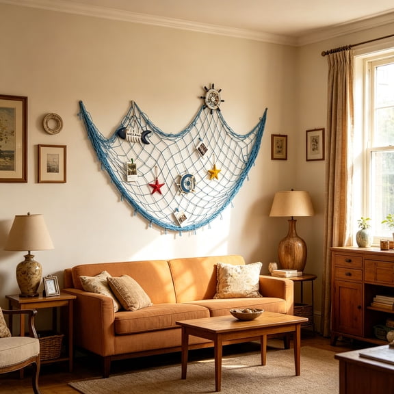 Handwoven Fishnet Wall Hanging 79x39 Inch Nautical Boho Jute Rope Decor for Living Room Bedroom Beach House