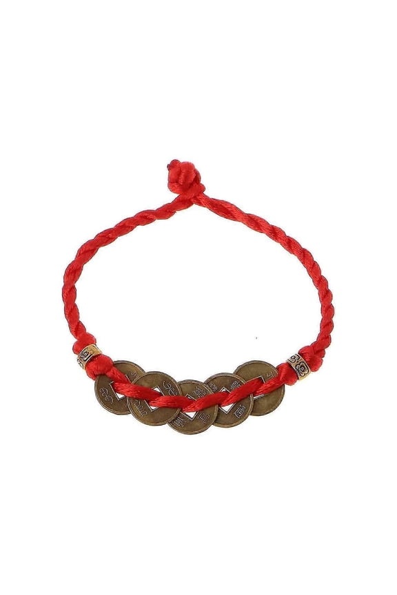 Handwoven Five Emperors Coin Red Rope Bracelet -5 Thick Rope Coins