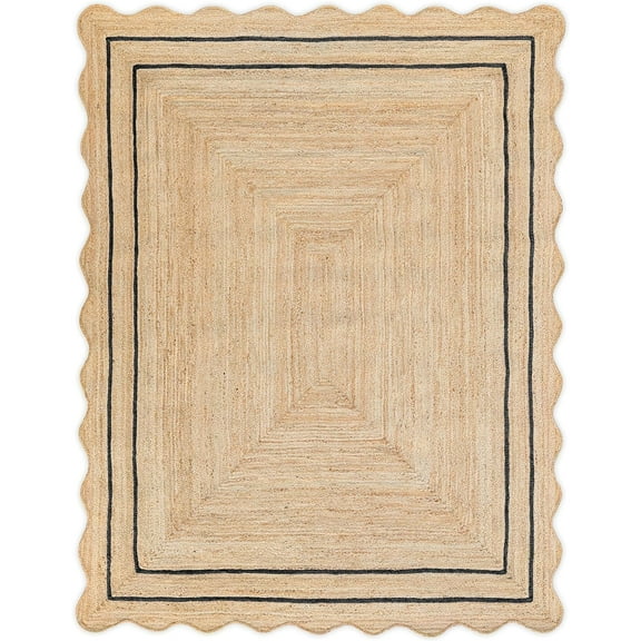 Handwoven Floor Décor Jute Rugs , Scalloped Jute Rugs with Black Design Size - Size - 2 x 3 Feet (60 cm x 90 cm)