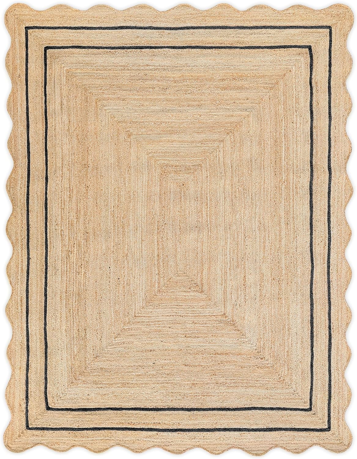Handwoven Floor Décor Jute Rugs , Scalloped Jute Rugs with Black Design Size - Size - 4 x 6 Feet (120 cm x 180 cm)