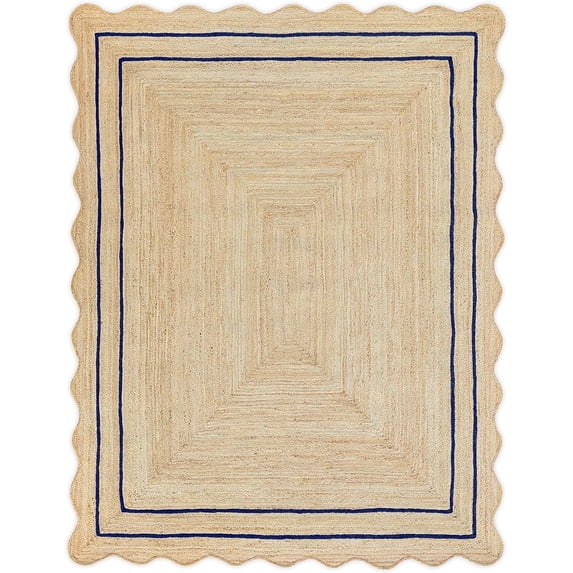 Handwoven Floor Décor Jute Rugs , Scalloped Jute Rugs with Navy Blue Design Size - Size - 4 x 5 Feet (120 cm x 150 cm)
