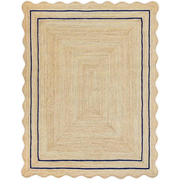 Handwoven Floor Décor Jute Rugs , Scalloped Jute Rugs with Navy Blue Design Size - Size - 7 x 7 Feet Square (210 cm x 210 cm)