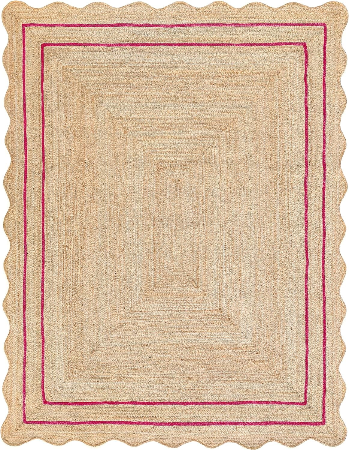 Handwoven Floor Décor Jute Rugs , Scalloped Jute Rugs with Pink Design Size - Size - 4 x 6 Feet (120 cm x 180 cm)