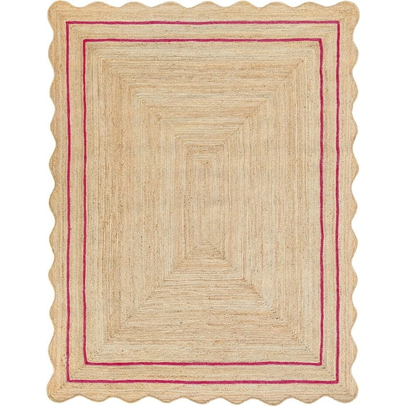 Handwoven Floor Décor Jute Rugs , Scalloped Jute Rugs with Pink Design Size - Size - 4 x 8 Feet (120 cm x 240 cm)