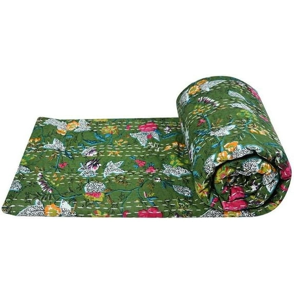 Handwoven Flowar Print Kantha Quilt, Bedspread,Traditional Look Kantha Gudri,Throw Blanket Size ( King 108" x 108" )