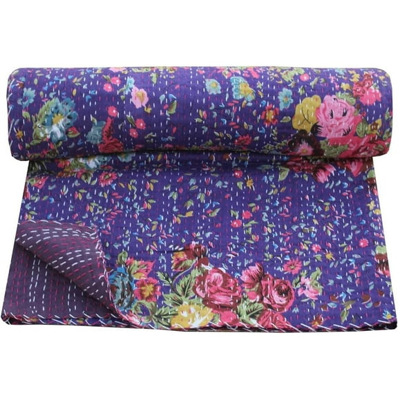 Handwoven Flowar Print Kantha Quilt, Bedspread,Traditional Look Kantha Gudri,Throw Blanket Size ( King 108" x 108" )