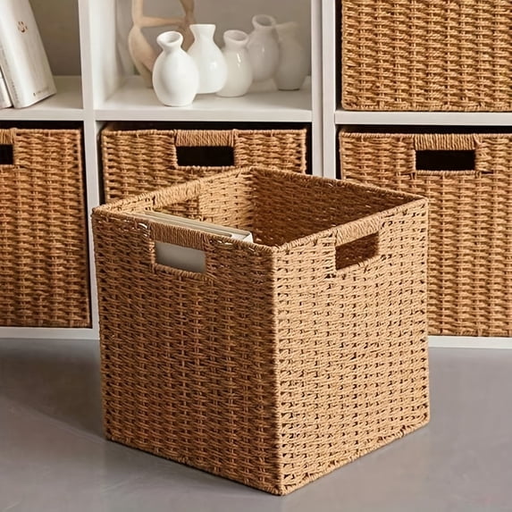 Handwoven Foldable Storage Baskets, Storage Bins & Boxes, Storage Cubes With Handles, Multipurpose Storage, Square Laundry, Underwear, Toys & Snacks Organizer For Bedroom, Living Room, Foldable Paper