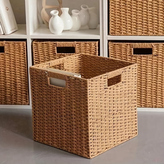 Handwoven Foldable Storage Baskets, Storage Bins & Boxes, Storage Cubes With Handles, Multipurpose Storage, Square Laundry, Underwear, Toys & Snacks Organizer For Bedroom, Living Room, Foldable Paper