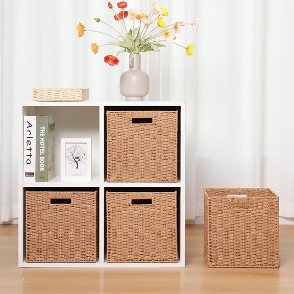 Handwoven Foldable Storage Baskets, Storage Bins & Boxes, Storage Cubes With Handles, Multipurpose Storage, Square Laundry, Underwear, Toys & Snacks Organizer For Bedroom, Living Room, Foldable Paper