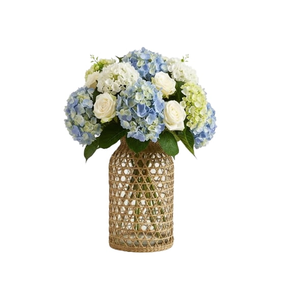 Handwoven Grass Glass Vase Large 7.9 Inch for Dining Table Mantel or Floor Corner Natural Diamond Weave Holds Full Bouquet Boho Centerpiece