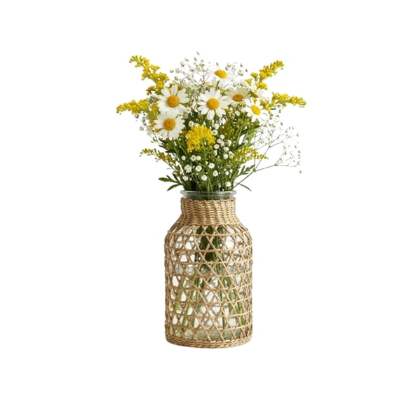 Handwoven Grass Glass Vase Small 6.3 Inch for Shelf Desk or Bathroom Natural Diamond Open Weave Boho Farmhouse Decor