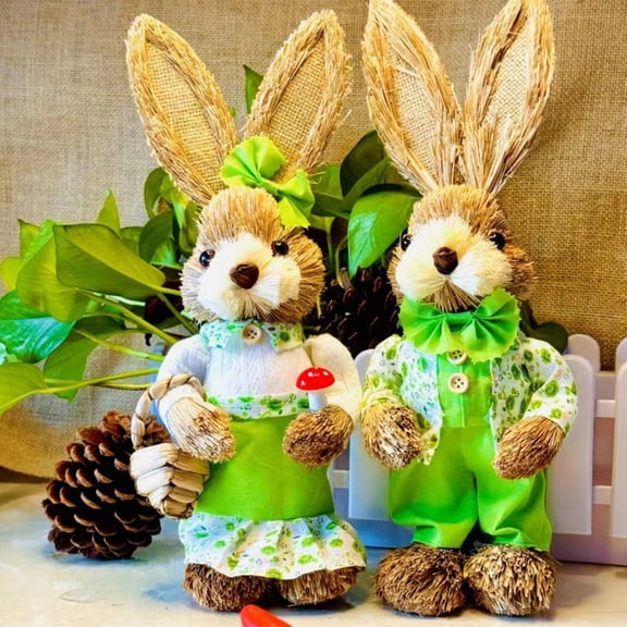 Handwoven Grass-Woven Bunny Decorations Pair (2 Pcs), 14-Inch - Handmade Rustic Country Style Home Decor - For Living Room Bedroom As Housewarming Gift For Friends Family