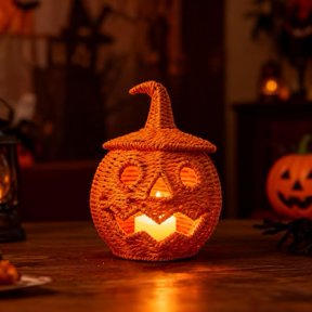 Handwoven Halloween Baskets with LED Candle,Pumpkin Basket With Lid,Farmhouse Halloween Decor for Home Front Porch Party Holiday Decor,Orange, A