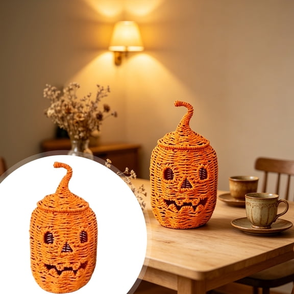 Handwoven Halloween Pumpkin Decorative Basket – Wicker Rattan Storage Container with Lid, Versatile Fall Organizer for Candy, Fruit, Sundries, Rustic Centerpiece