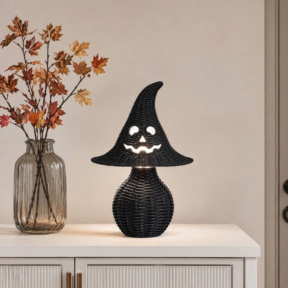 Handwoven Halloween Witch Hat Lamp, Cutout Jack-O Facial Woven Light, Multi-Scene Decor For Indoor Halloween Parties And Rustic Farmhouse Shelving Displays