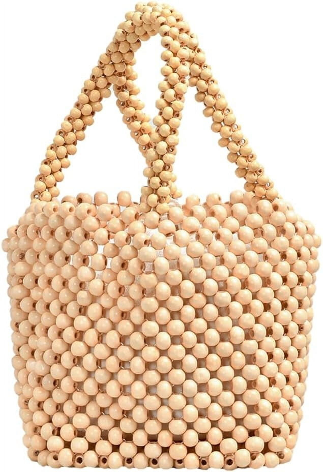 Handwoven Handbags for Women Wood Beads Hollow Mini Hobo Purses Summer Beach Totes Evening Bucket Bags for Party