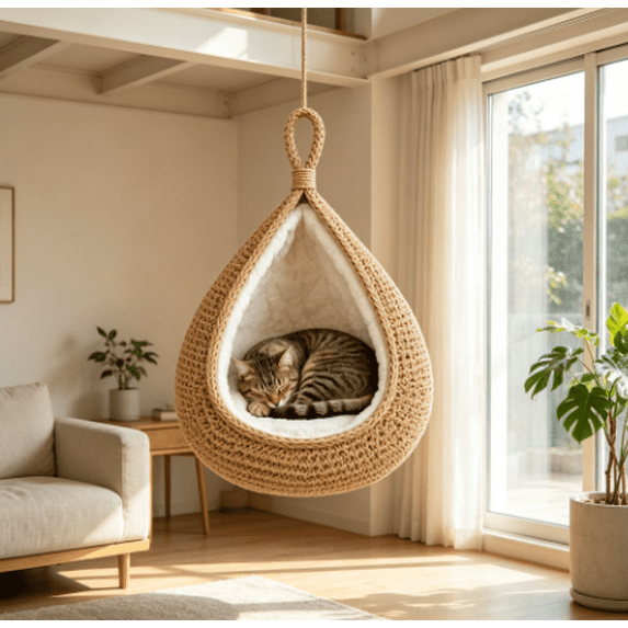 Handwoven Hanging Cat Cocoon, Bohemian Hand‑Woven Cat Hanging Pod for Cat Hideaway and Sunbathing