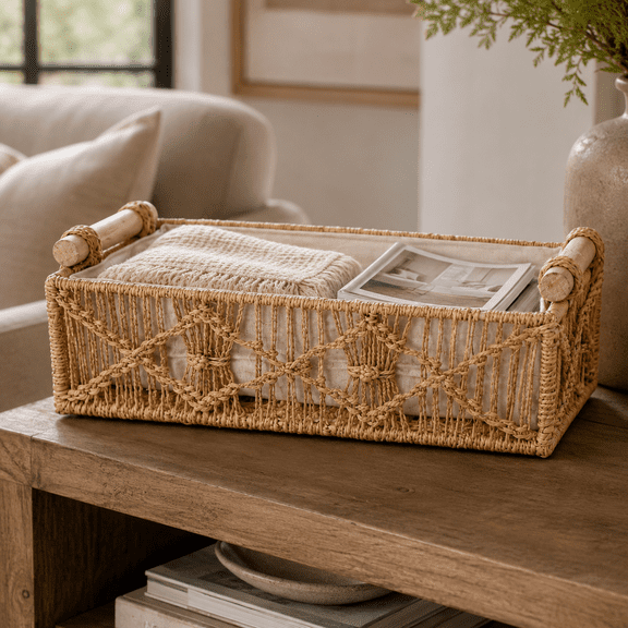 Handwoven Hemp Rope Storage Basket with Wooden Handles & Removable Cotton Liner, Bohemian Rustic Home Storage Tray for Toiletries, Towels, Pantry Food, Household Sundries, 13.4 x 6.5 x 3.9 Inch