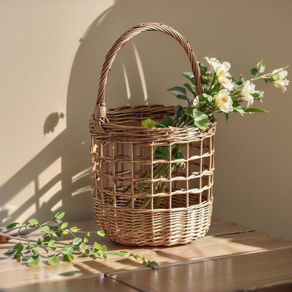 Handwoven Hollow Willow Rattan Basket with Carry Handle, Natural Wicker Decorative Basket for Kitchen Storage, Picnic, Wedding, Floral Arrangement and Party Candy