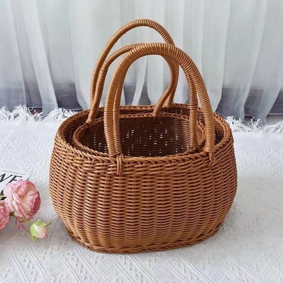 Handwoven Imitation Rattan Basket Set Nesting Round Storage Baskets with Double Handles Boho Home Decor Organizer for Picnics, Laundry, Fruit Storage & Rustic Home Use