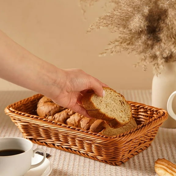 Handwoven Imitation Rattan Rectangular Bread Basket, Wicker Fruit and Display Basket for Supermarket, Hotel, and Desktop Storage, Rustic Utility