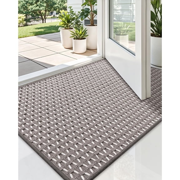 Handwoven Indoor Door Mat 17"x30", Non-Slip Low Profile Checkered Inside Doormat, Comfort Weave Grid Pattern Floor Mats, Taupe