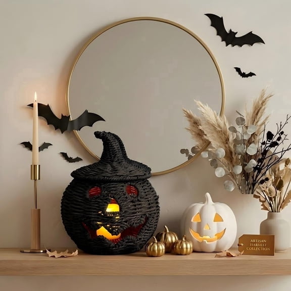 Handwoven Jack-O'-Lantern with LED Candle - Gothic Rattan Pumpkin Decor, Dark Academia Halloween Tabletop Centerpiece with Removable Lid, 6.3", Black