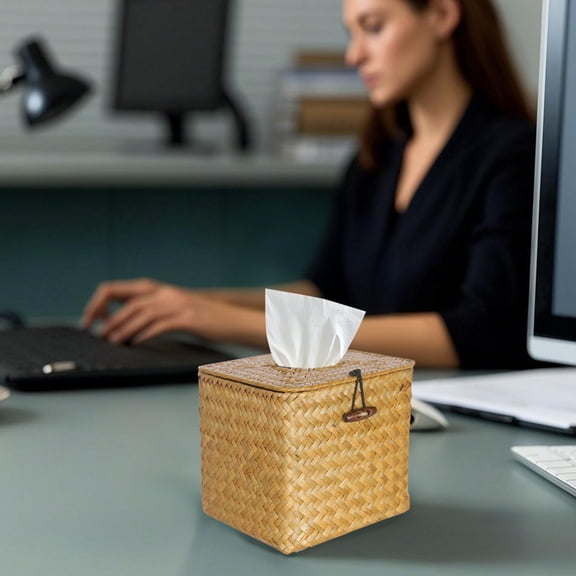 Handwoven Japanese Style Paper Towel Holder Desktop Ornament Home Tissue Natural Fiber Storage Decorative Organizer Stand